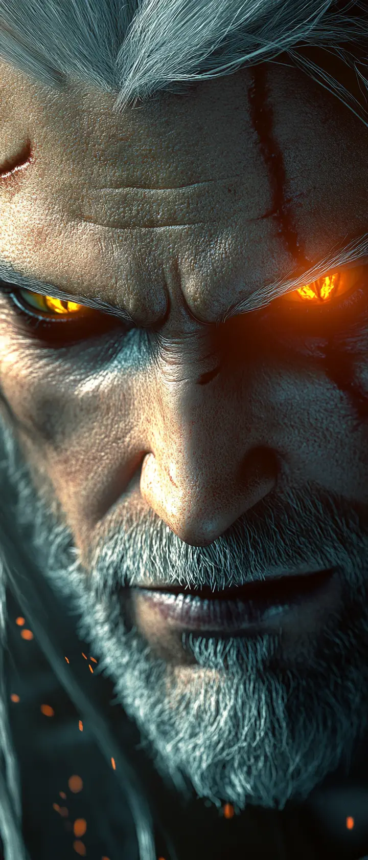 Close up portrait of a white haired fantasy warrior