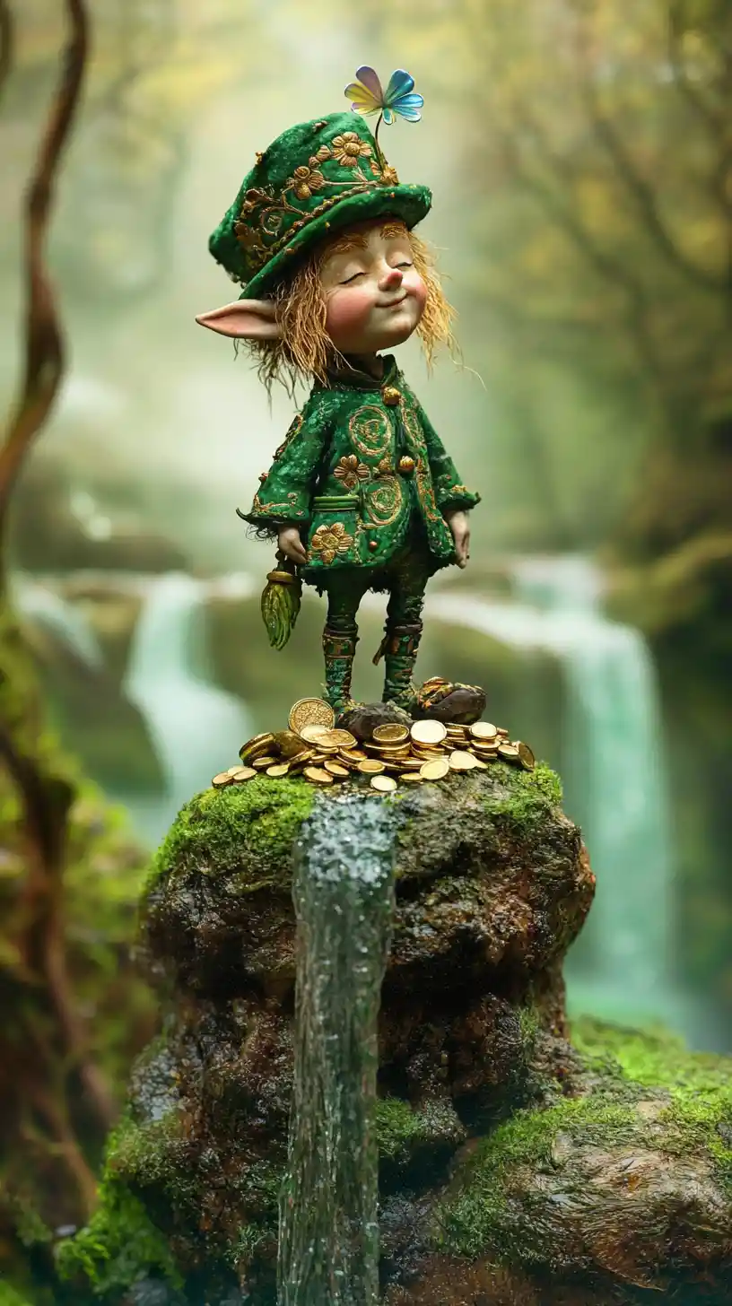 Leprechaun Guarding Gold On Mossy Stone In Forest