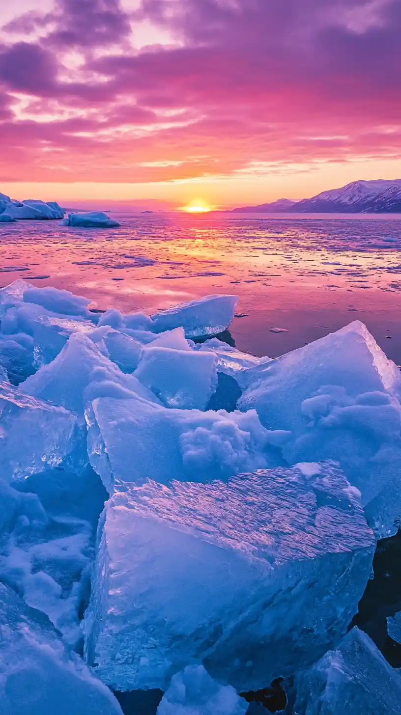 Arctic ice landscape at sunset with glowing colorful sky