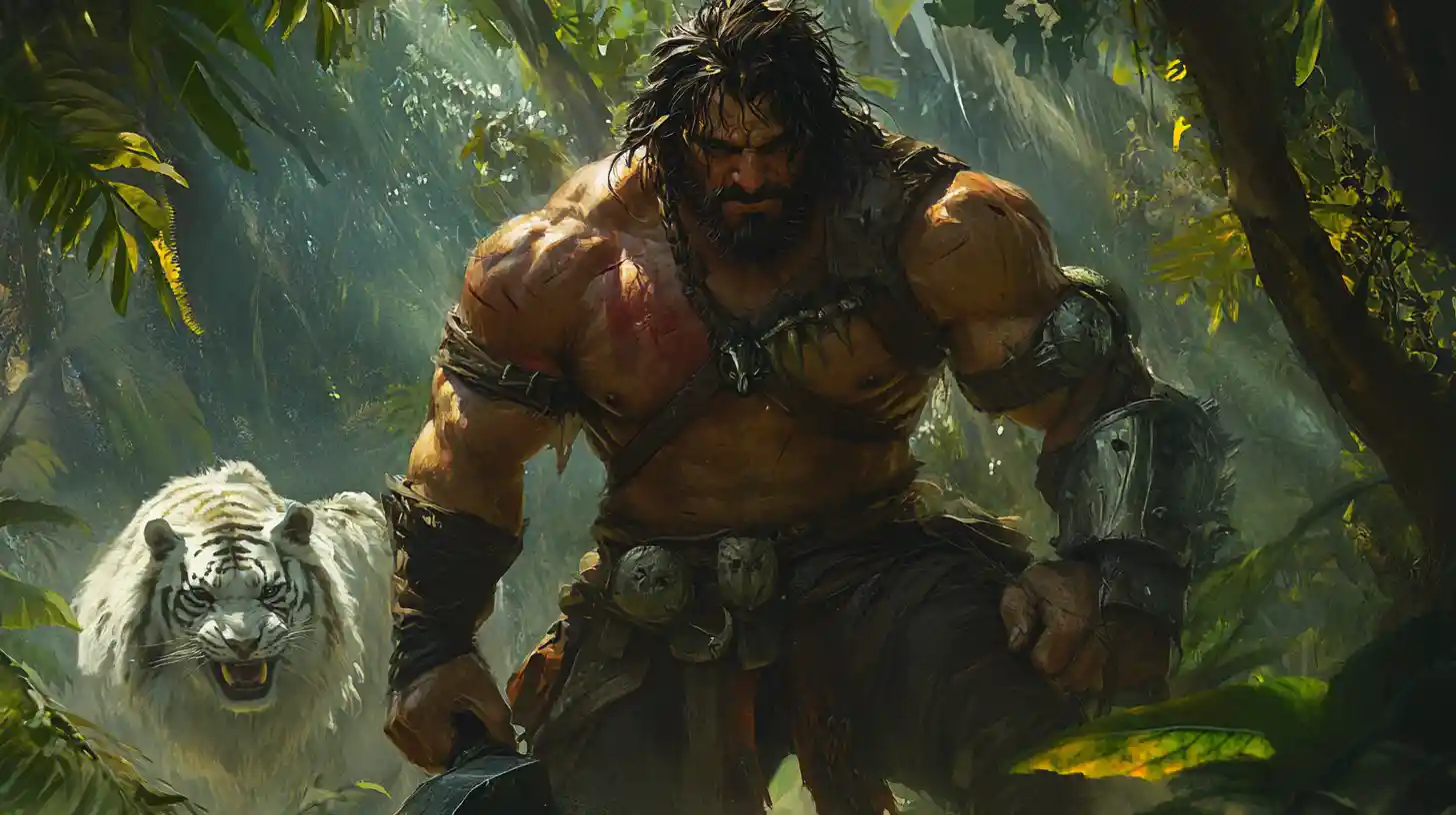 Barbarian warrior with warhammer in steamy jungle