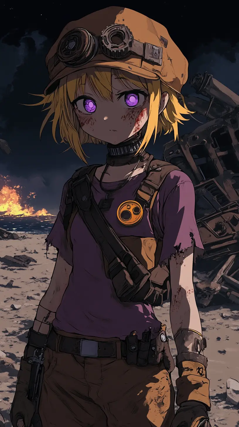 Anime girl mechanic with steampunk rifle on night beach