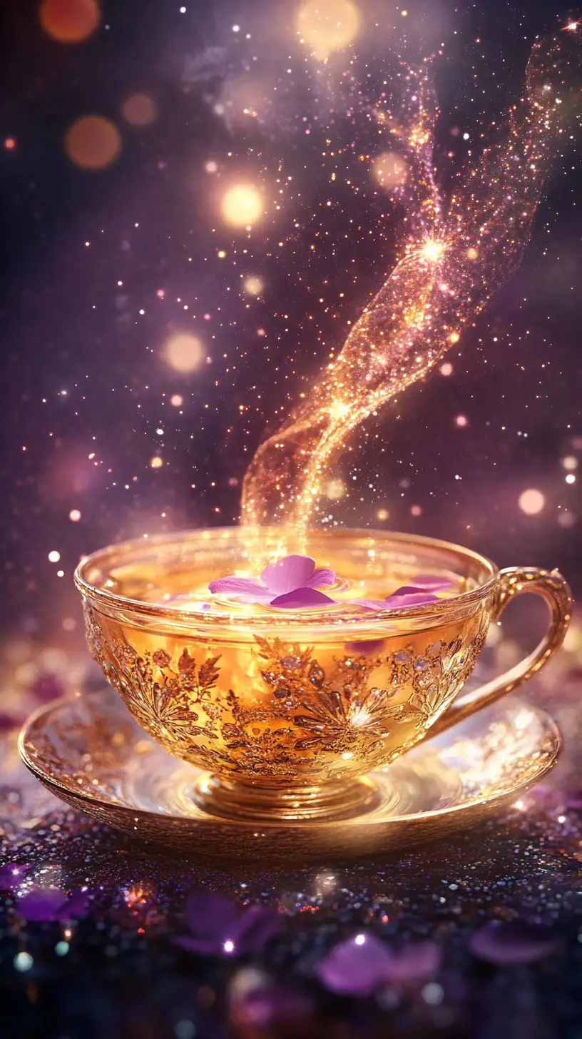 Magical Tea Cup With Glowing Petals And Sparkling Light