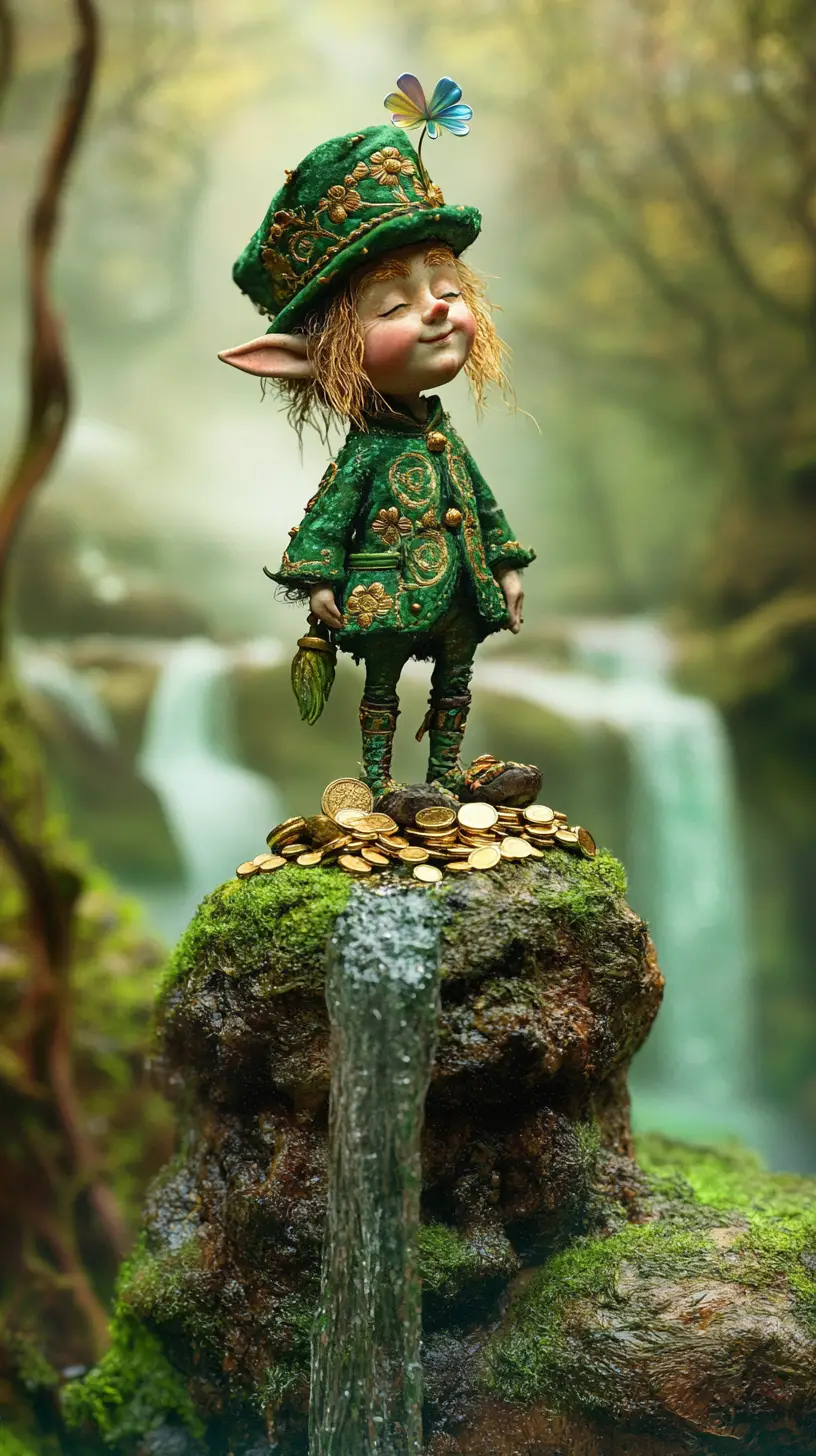 Leprechaun Guarding Gold On Mossy Stone In Forest
