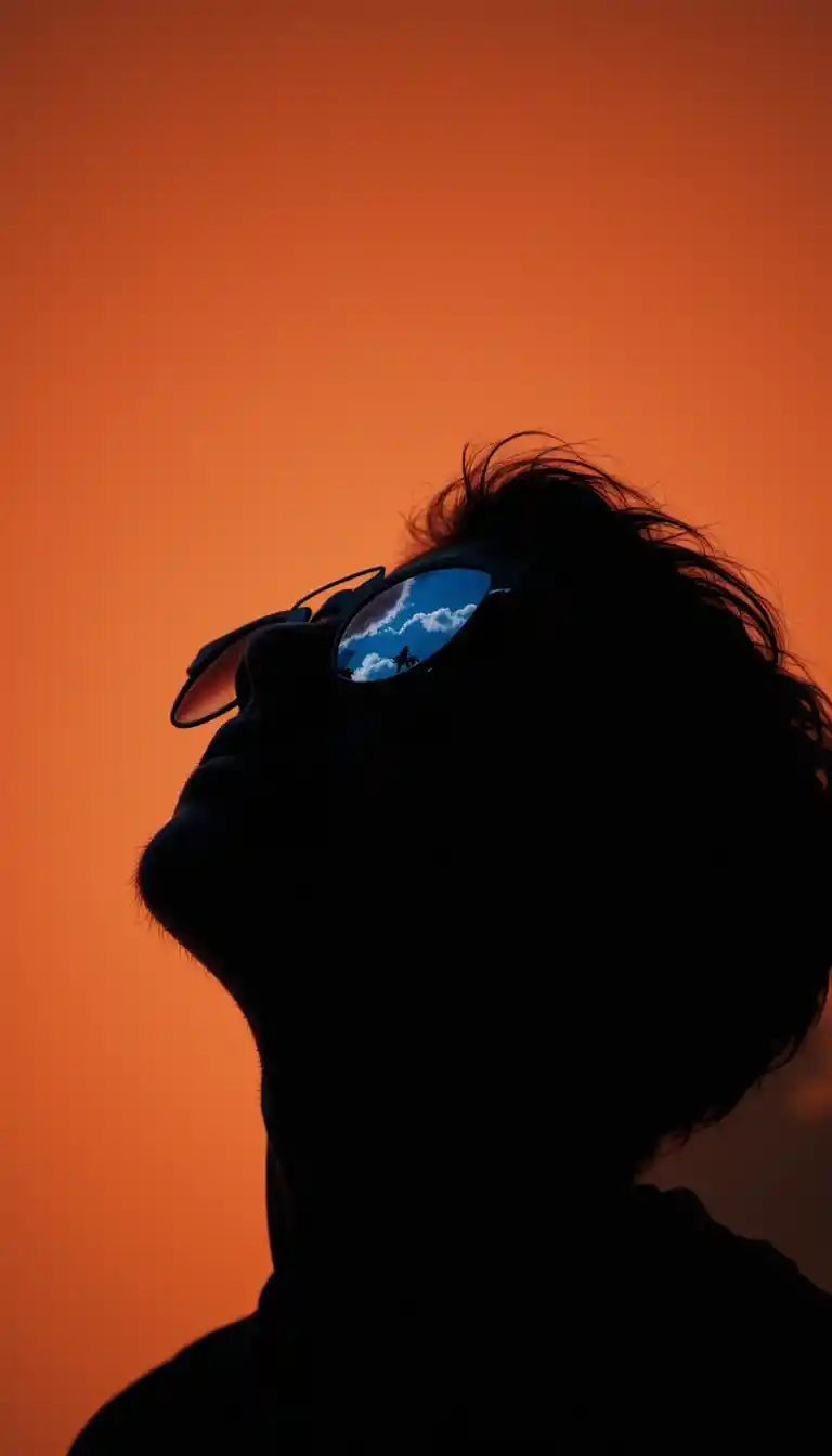 Silhouette figure in sunglasses with sky reflections
