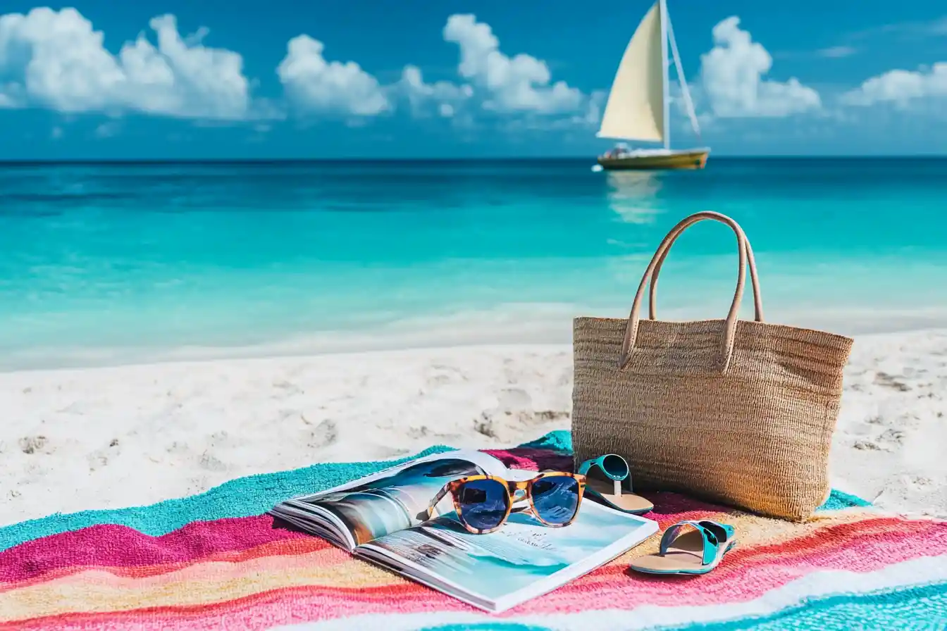 Colorful beach blanket with summer accessories on white sand