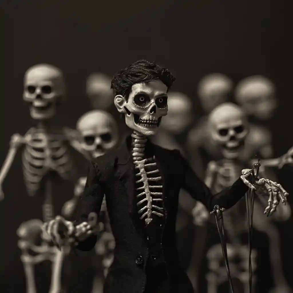 Man walking through a crowd haunted by unseen skeletons