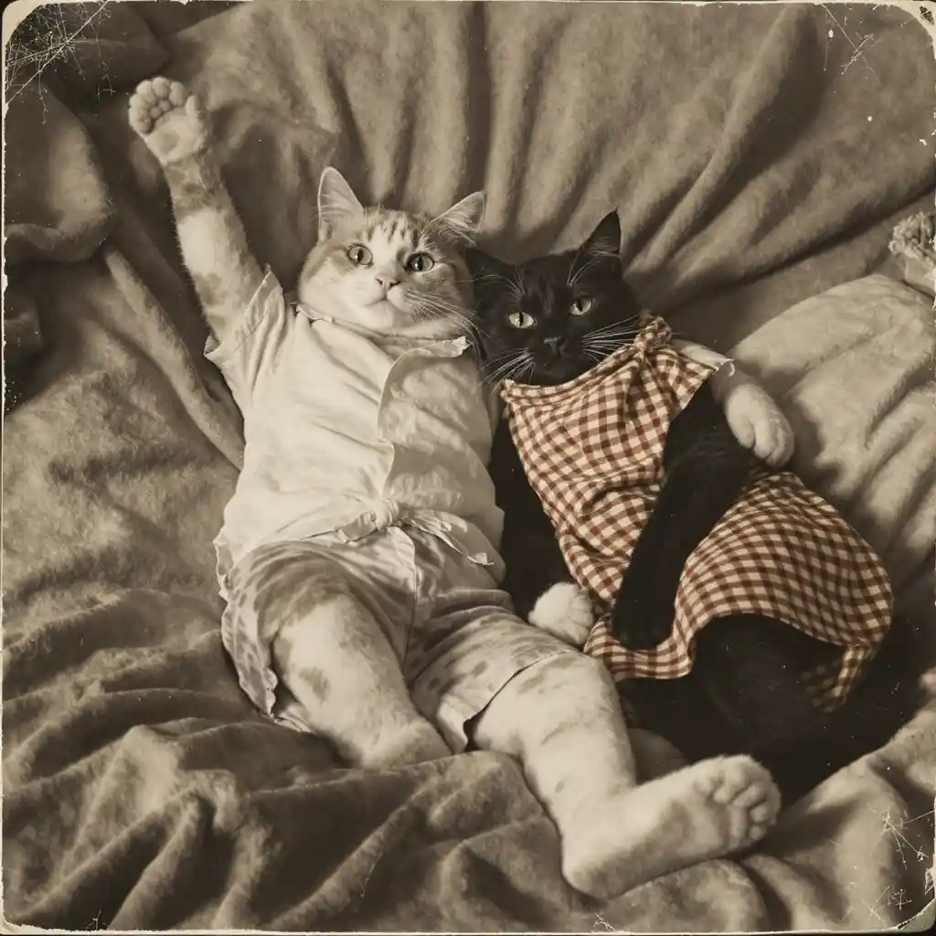 Anthropomorphic cats relaxing in nostalgic black and white photograph
