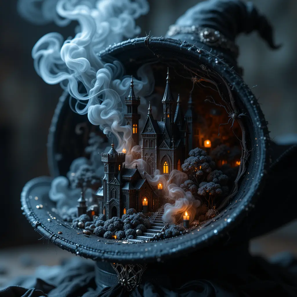 Close up 3D fantasy world emerging from black hat