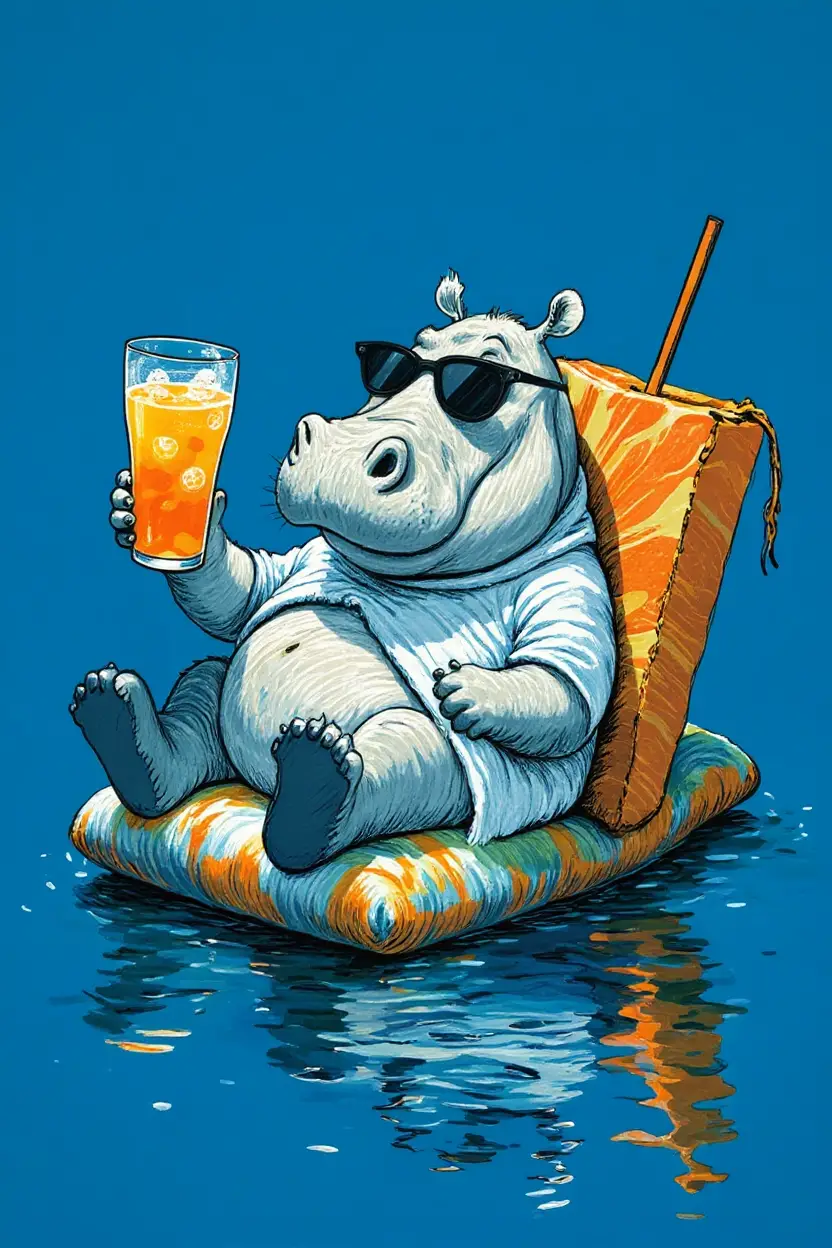Floating iced tea cup holder beside a playful hippo float