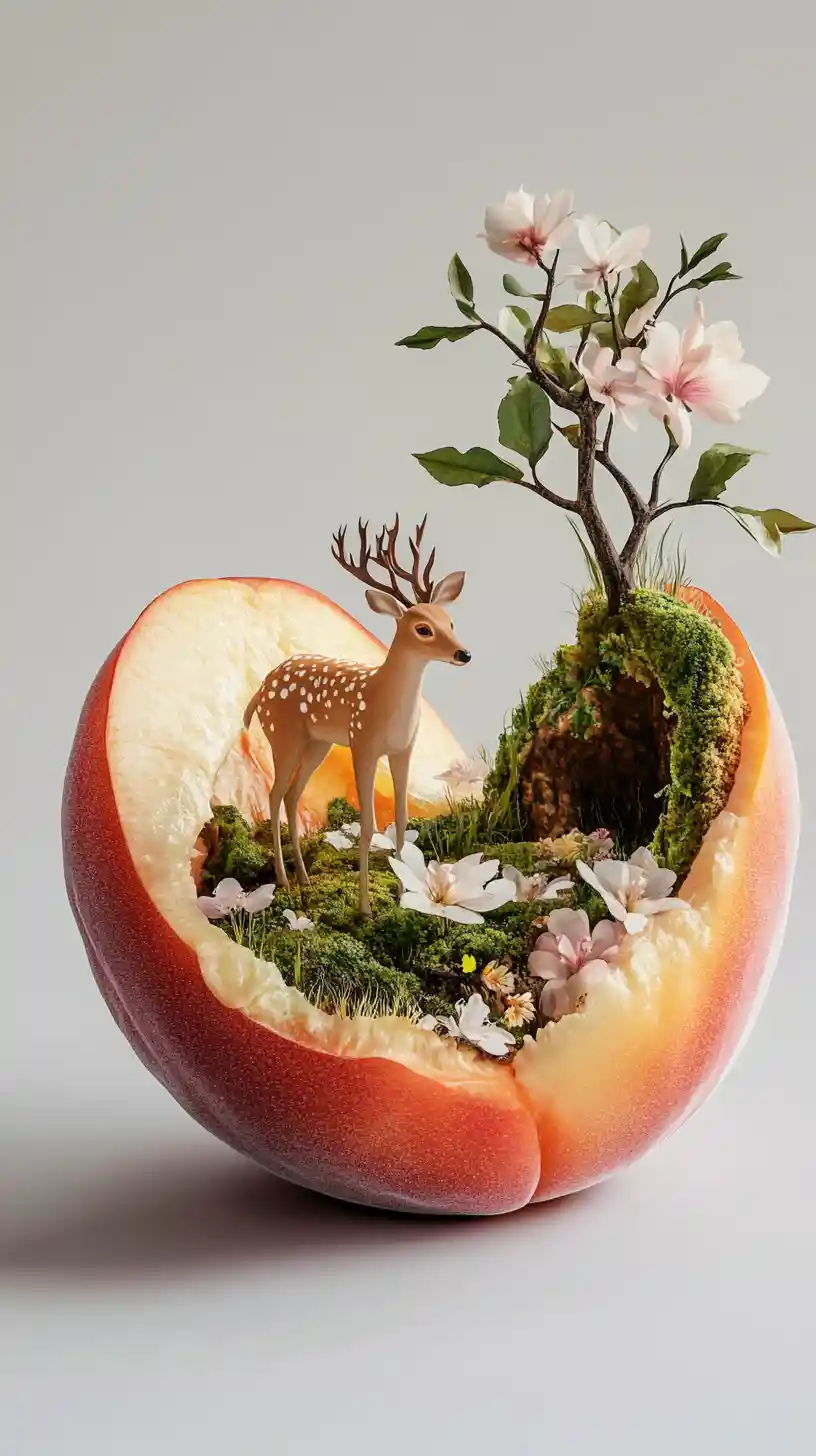 Photoreal peach with tiny forest glade and grazing deer