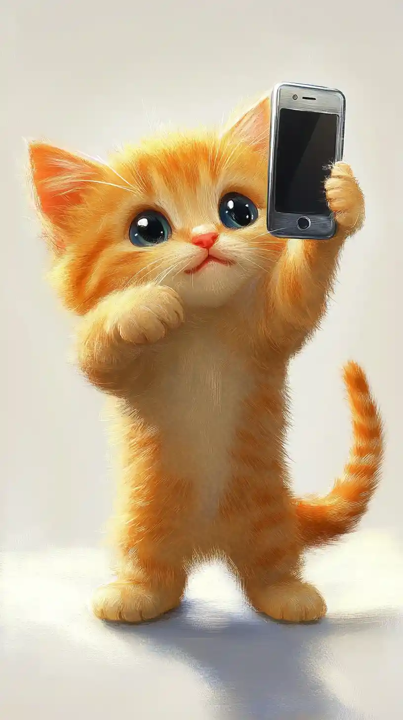 Adorable orange kitten taking a playful full body selfie photo