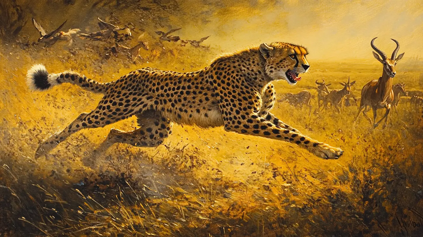 Baroque painting of a cheetah sprinting across the savannah
