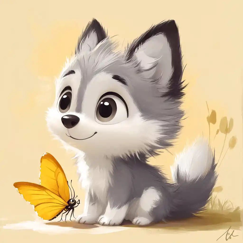 Cute chibi husky with a yellow butterfly on nose