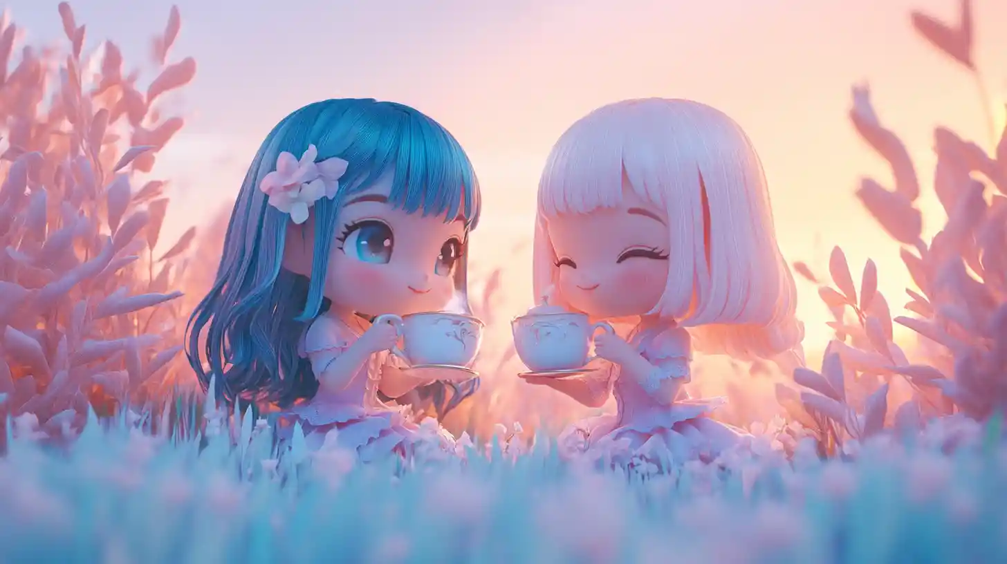 Chicas chibi compartiendo té en un campo al amanecer en tonos pastel