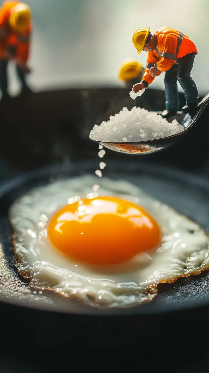 Miniature workers cooking a fried egg in macro scene