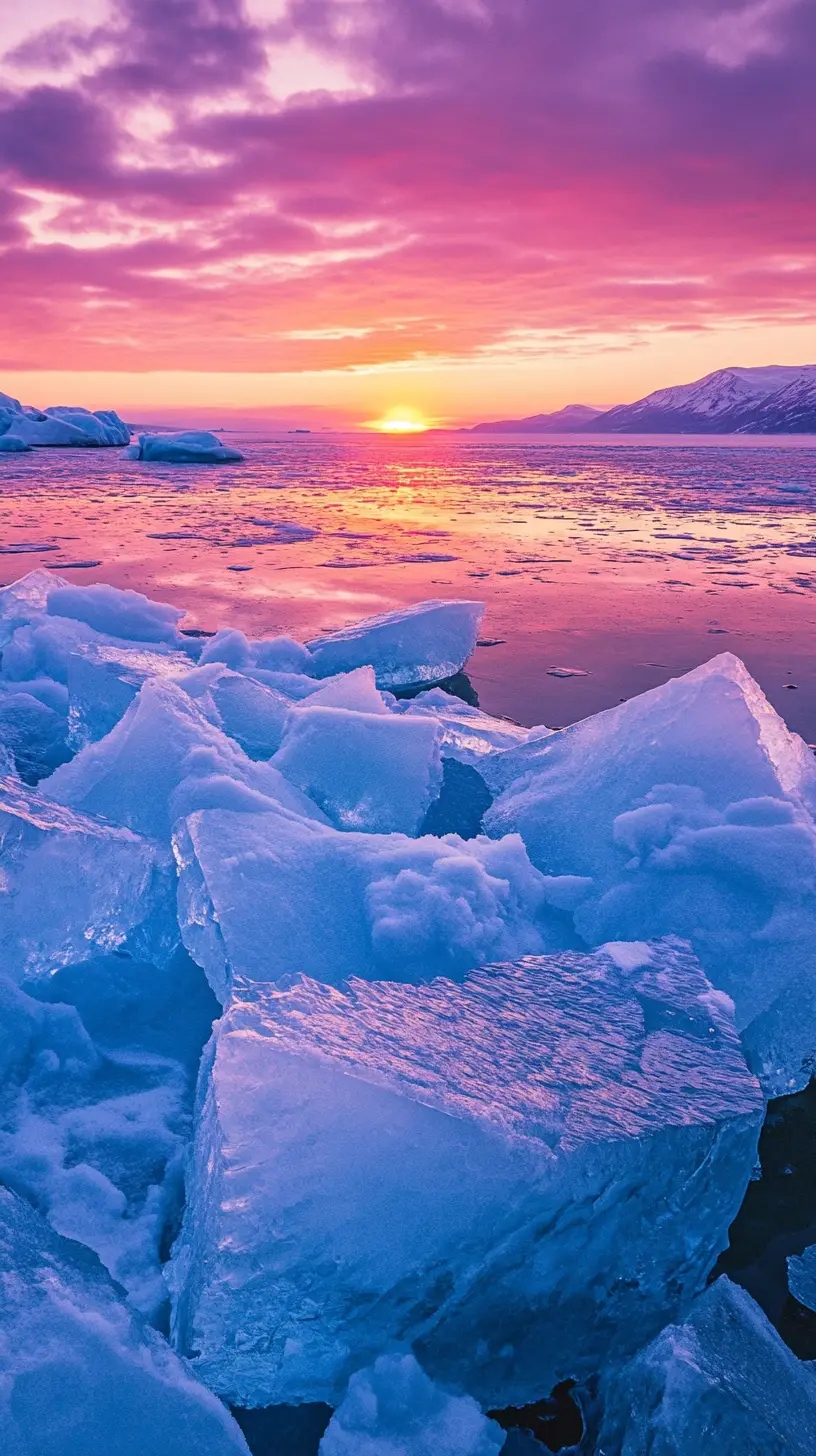 Arctic ice landscape at sunset with glowing colorful sky