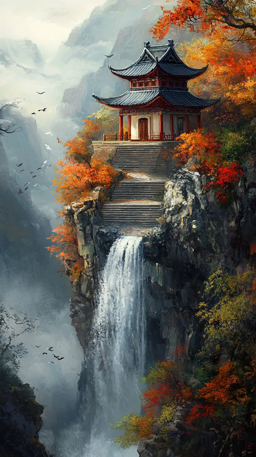 Secluded cliffside pagoda above a tranquil waterfall