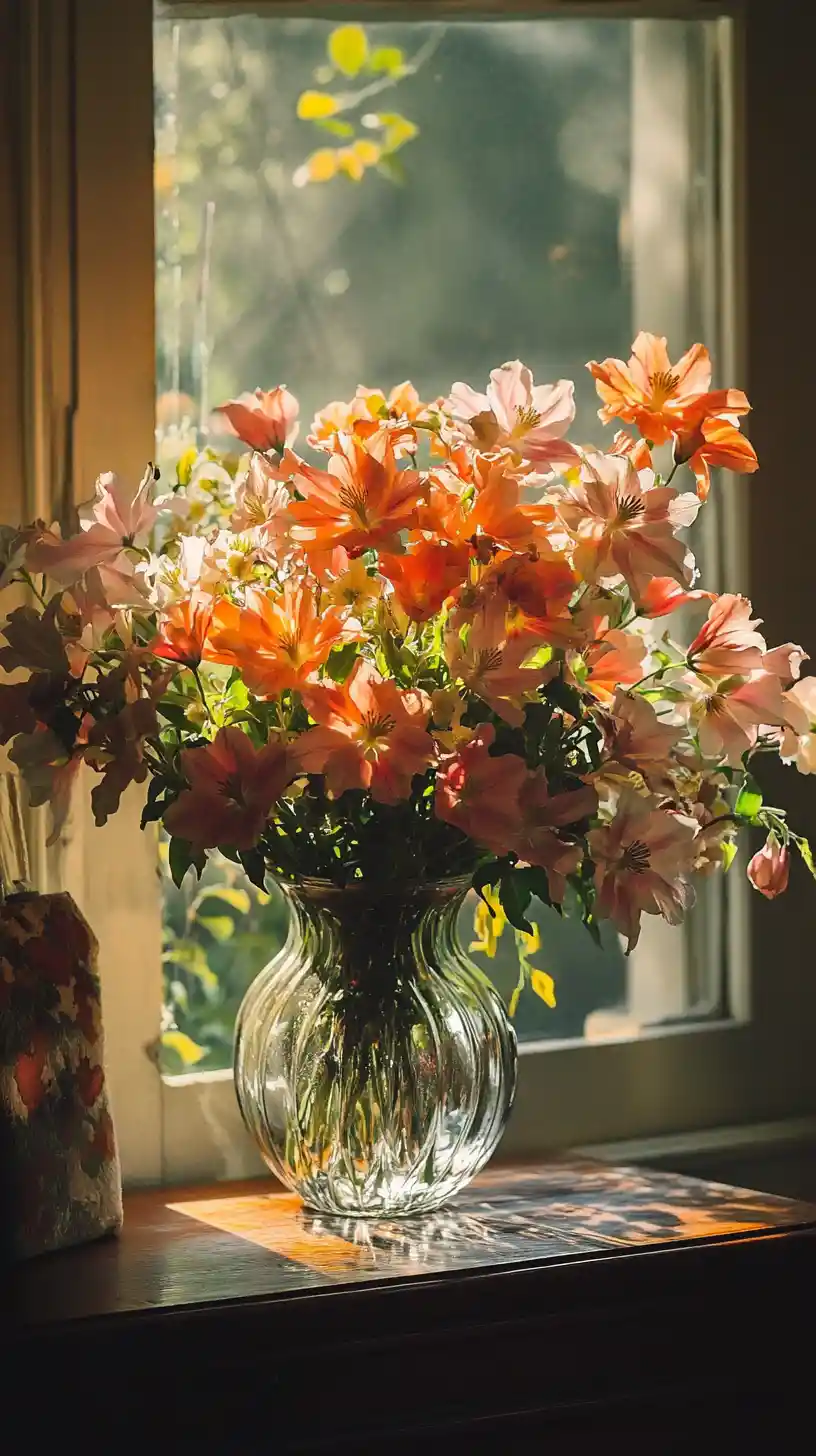 Glass vase with orange and pink flowers on sideboard