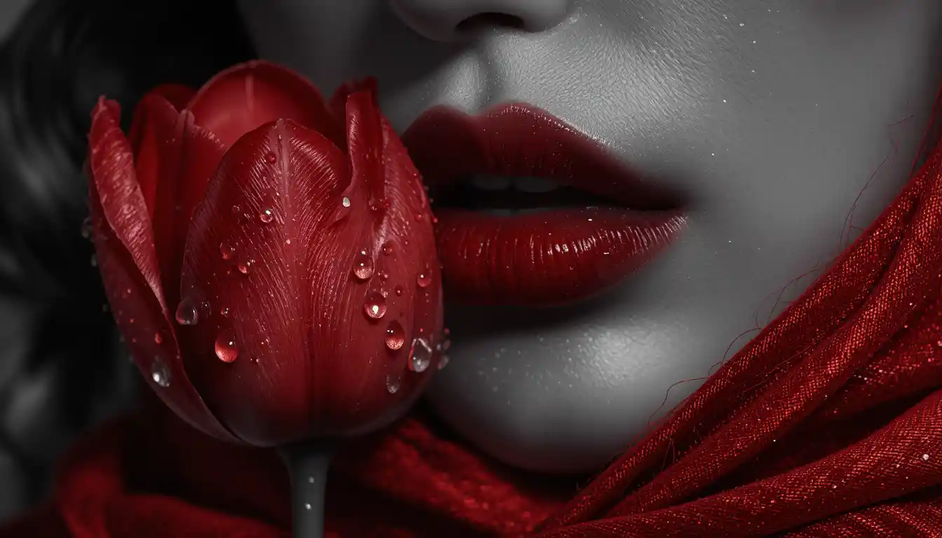 Black and white woman close up with red tulip