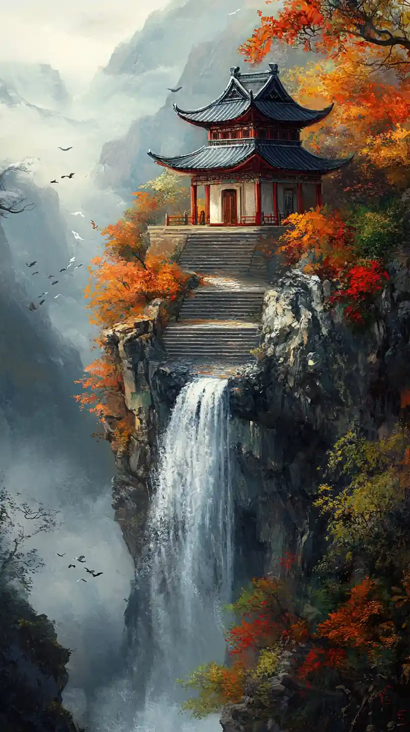Secluded cliffside pagoda above a tranquil waterfall