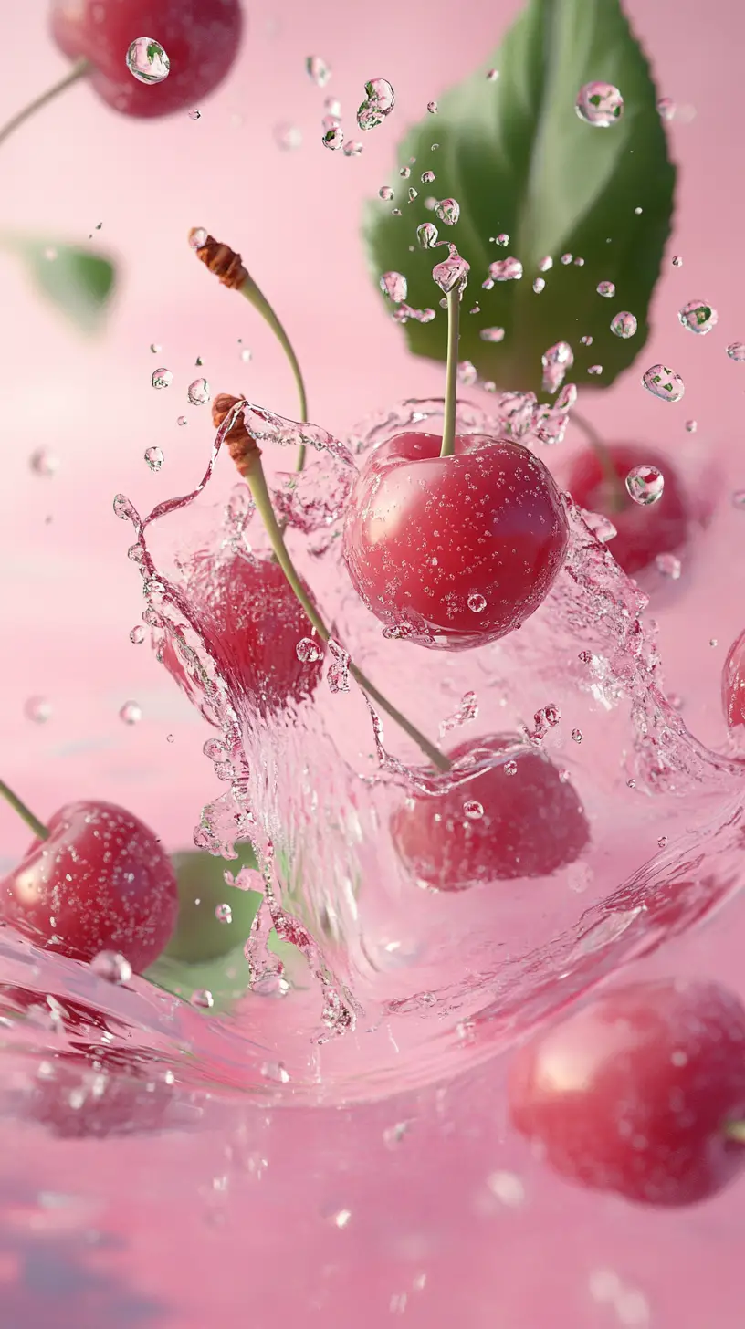 Translucent Pink Cherries Splashing Into Reflective Water