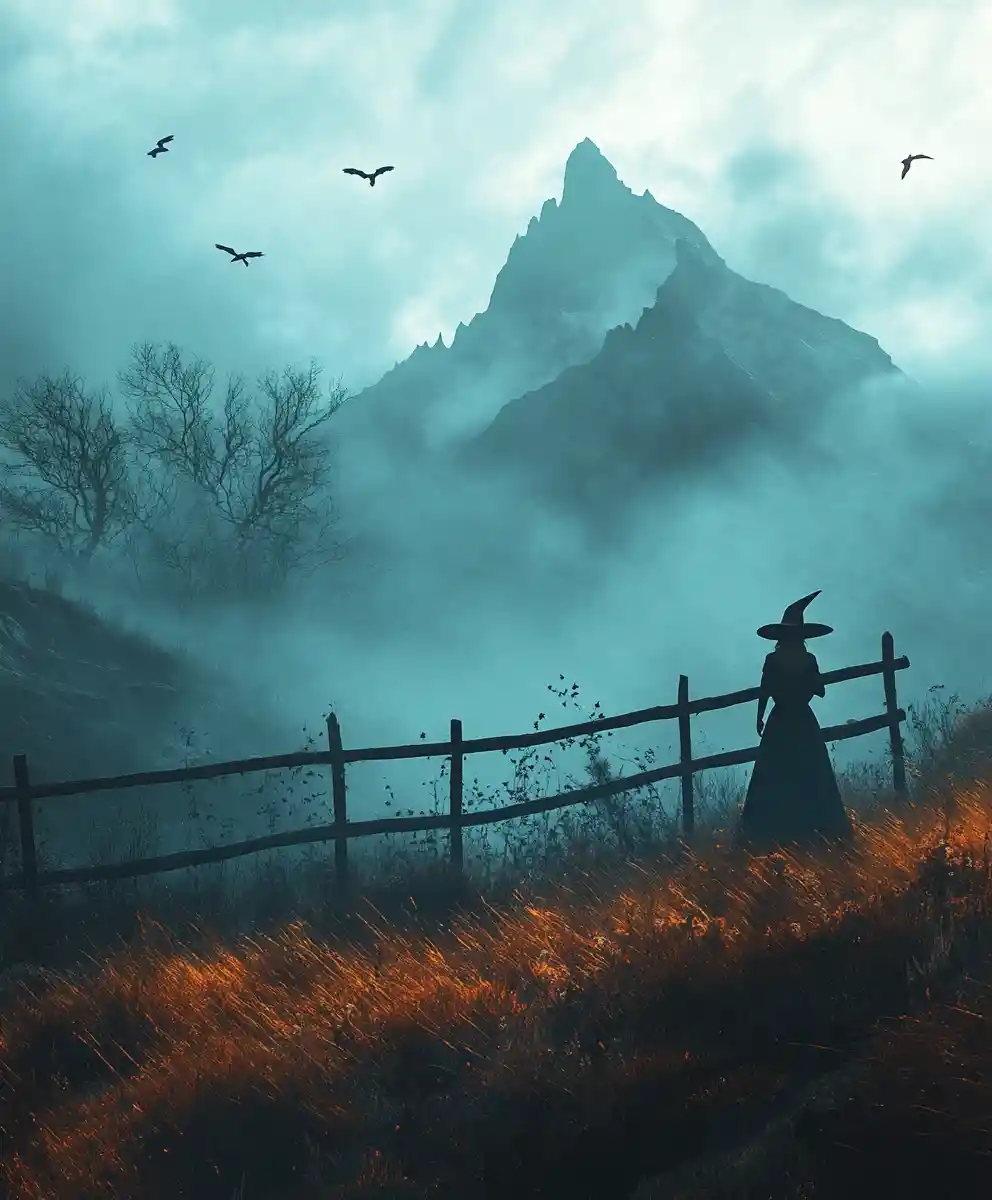Spooky fantasy landscape with lone witch and mountains