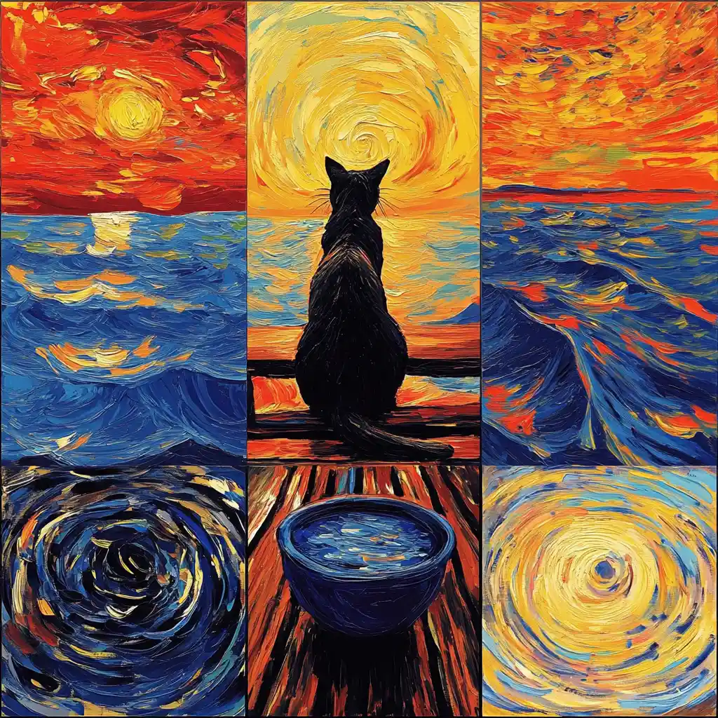 Cat On A Wooden Pier At Sunset In Collage Styles