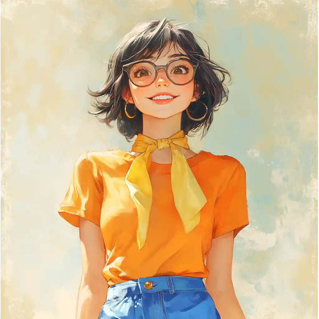 Smiling anime girl in orange shirt and yellow scarf