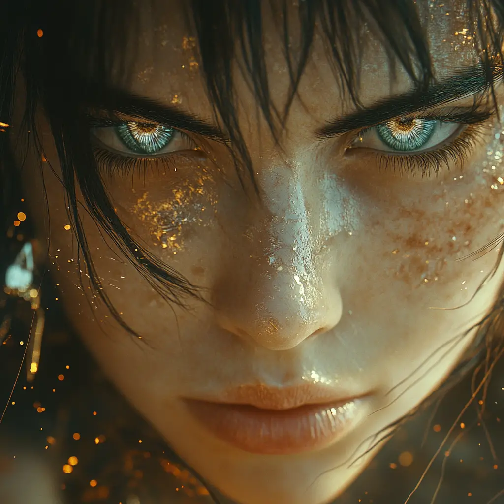 Close up cybernetic anime girl with glowing blue eyes