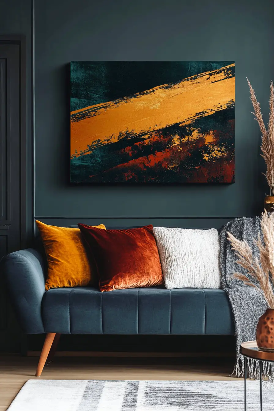 Abstract impasto painting on living room wall above sofa