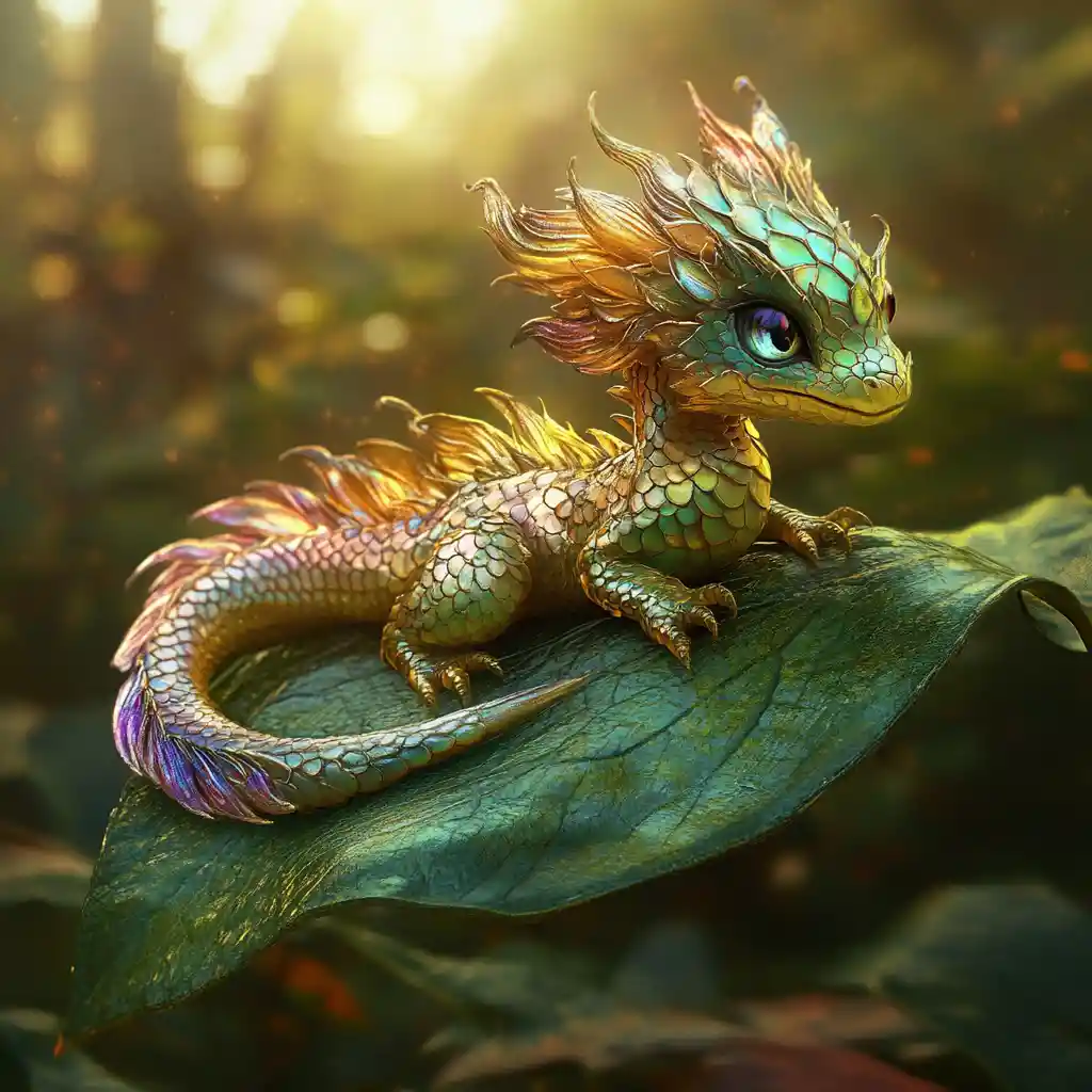 Photorealistic dragon resting on a vibrant green leaf