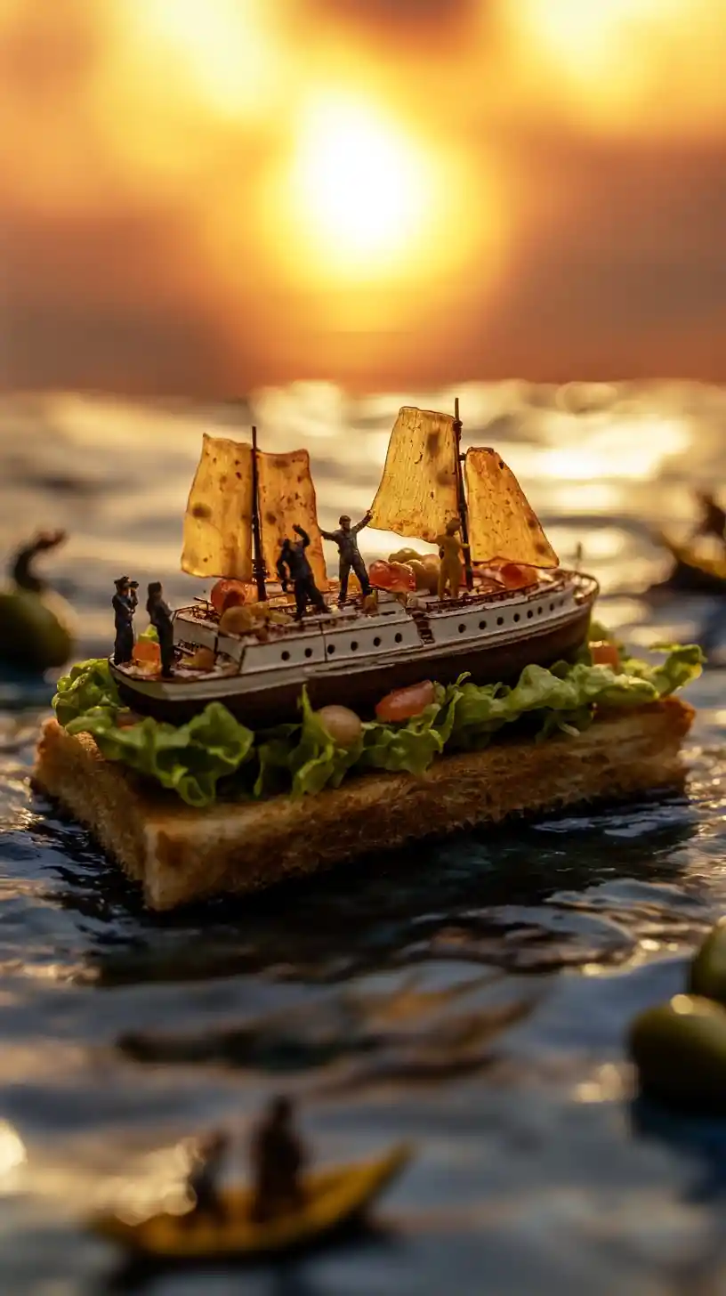 Miniature people on a titanic sandwich floating in soup