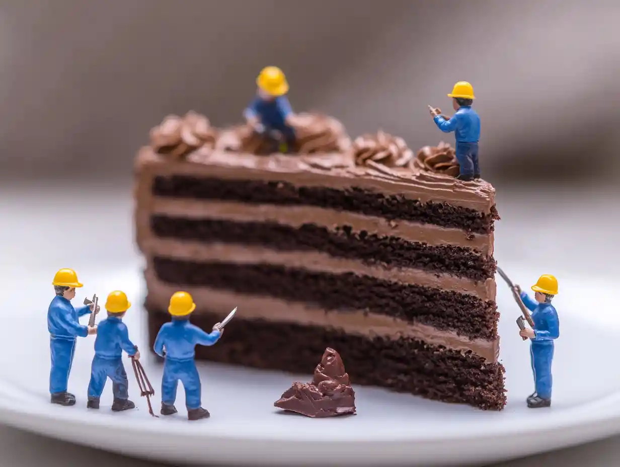 Miniature workers repairing a rich chocolate cake