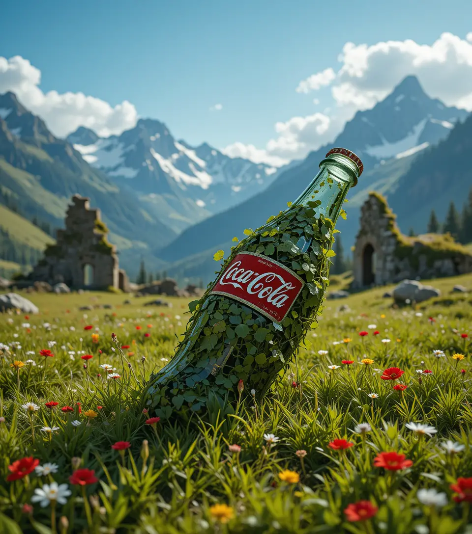 Broken glass bottle in a lush alpine meadow