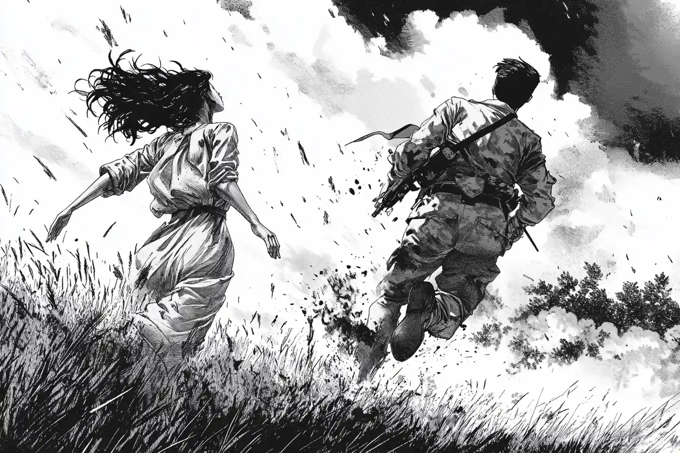 Nurse and lone soldier in explosive battlefield scene