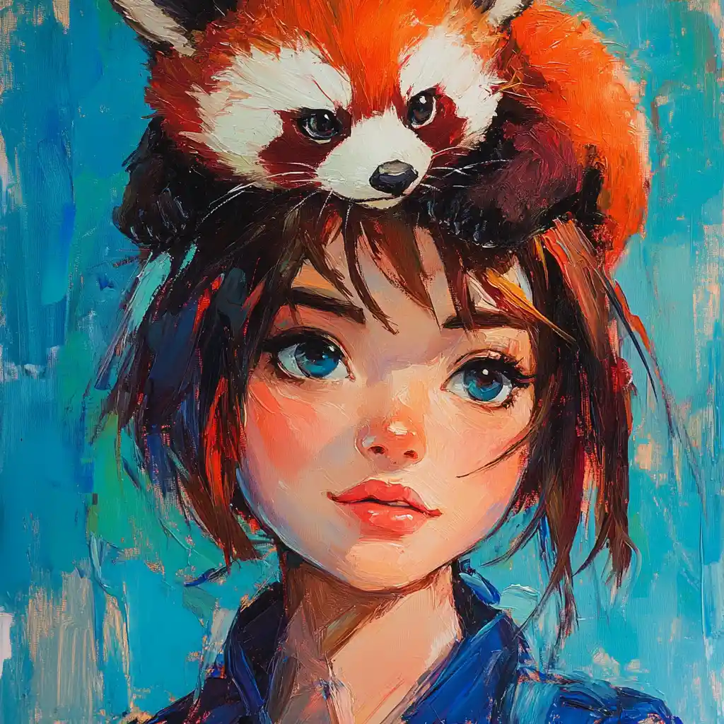 Anime girl portrait with playful red panda companion