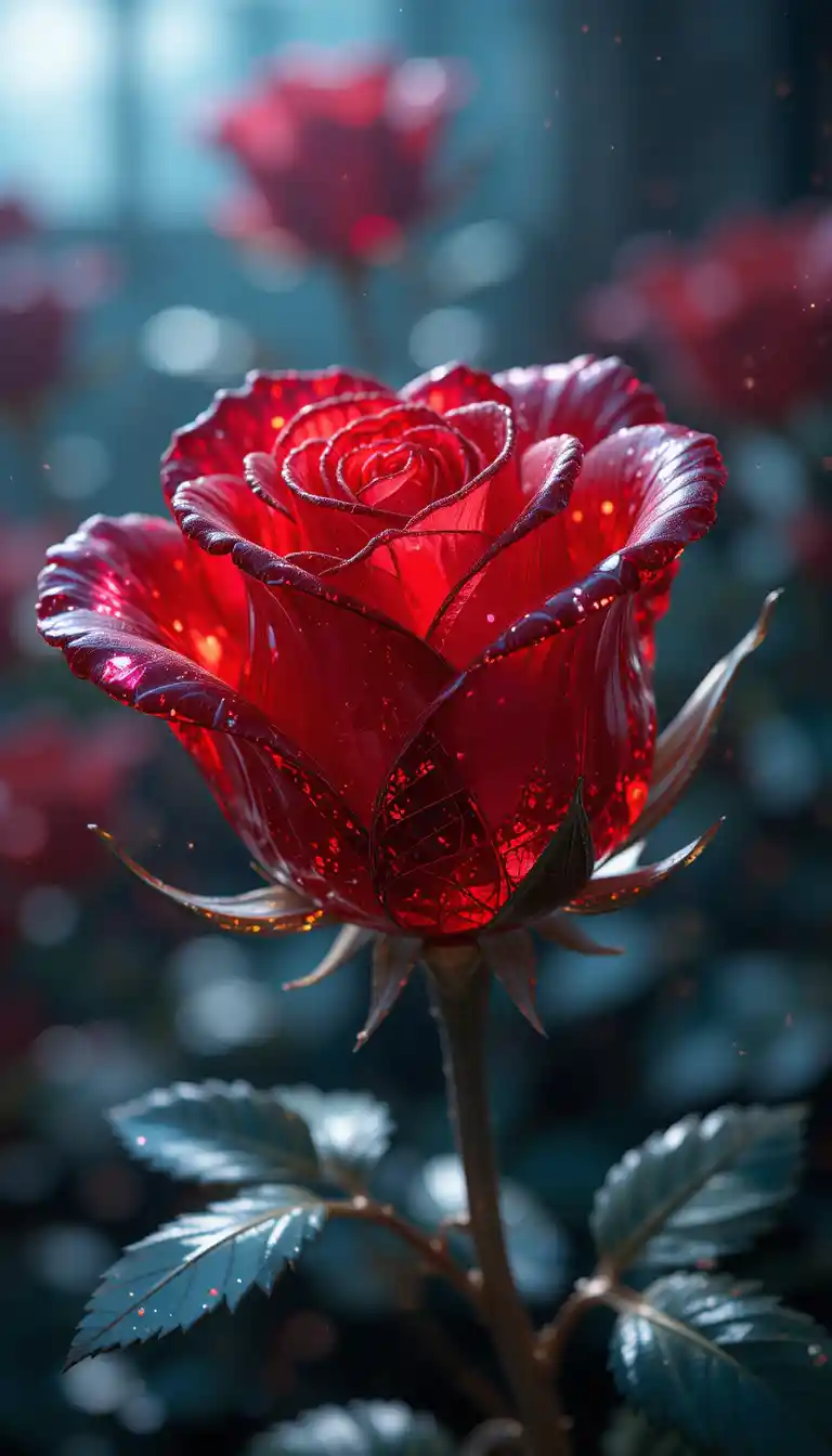 Close up 3D red crystal rose with blooming petals