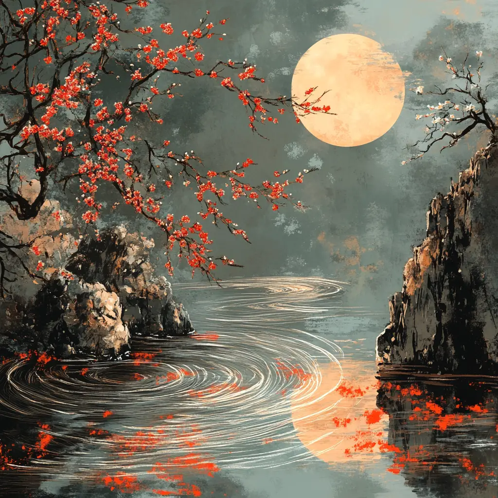 Moonlit river with flowering trees in chinese art style