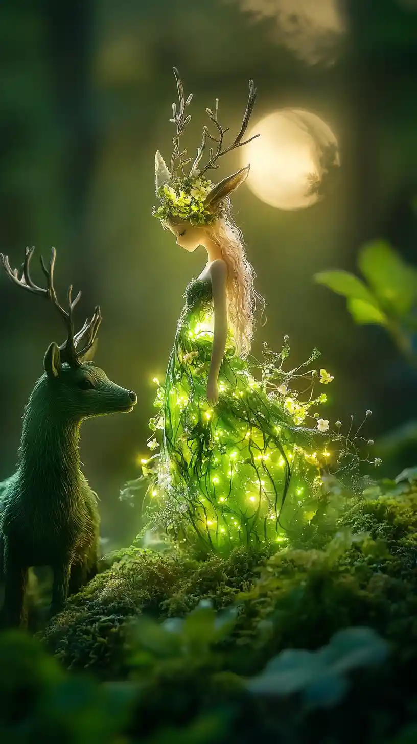 Forest fairy with glowing floral dress in moonlit woods