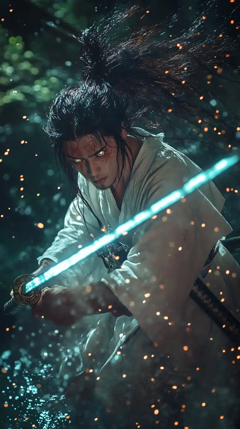 Stoic samurai warrior wielding katana in glowing cave