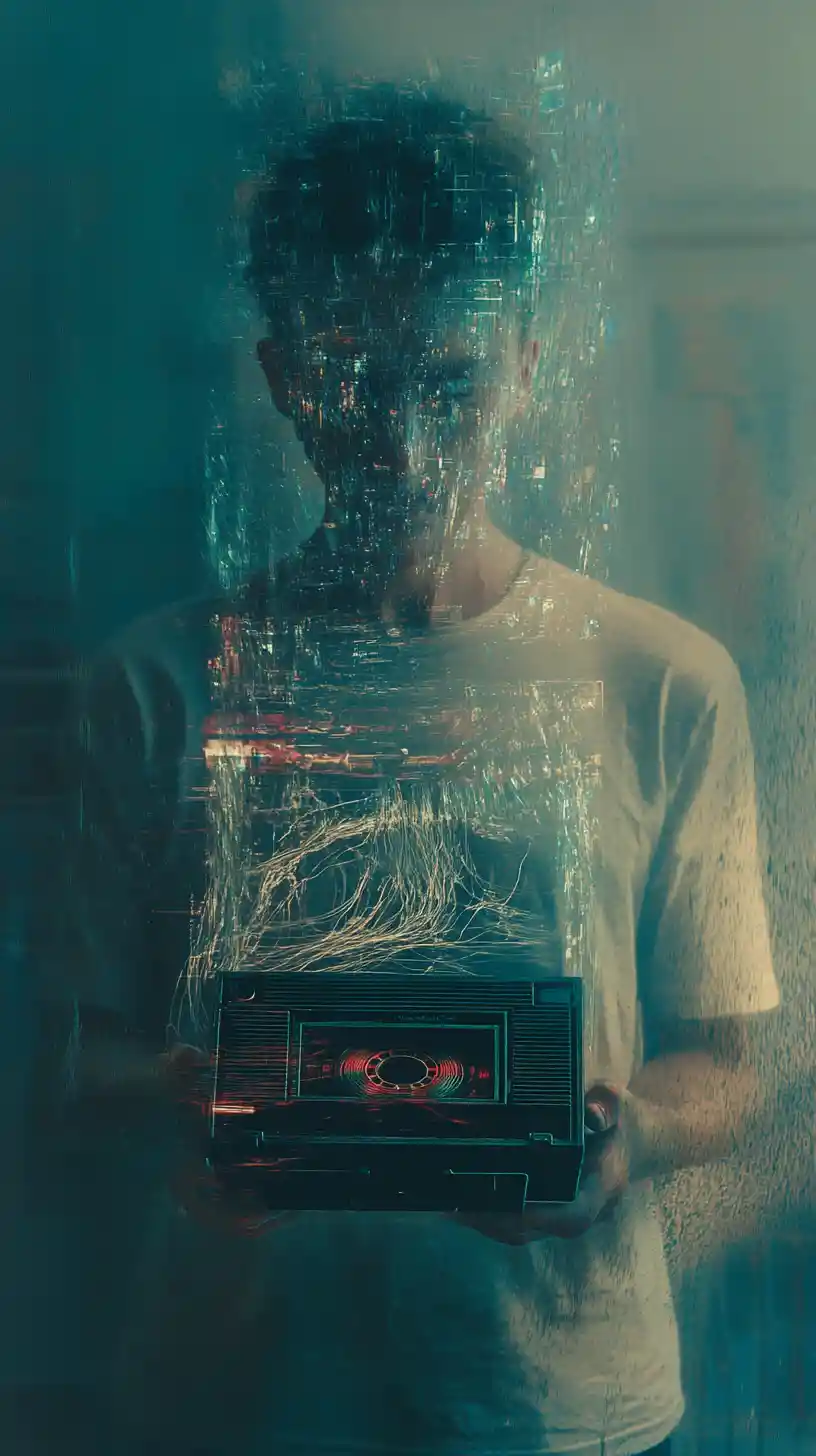 Figure With Static Face Holding Unraveling Cassette Tape