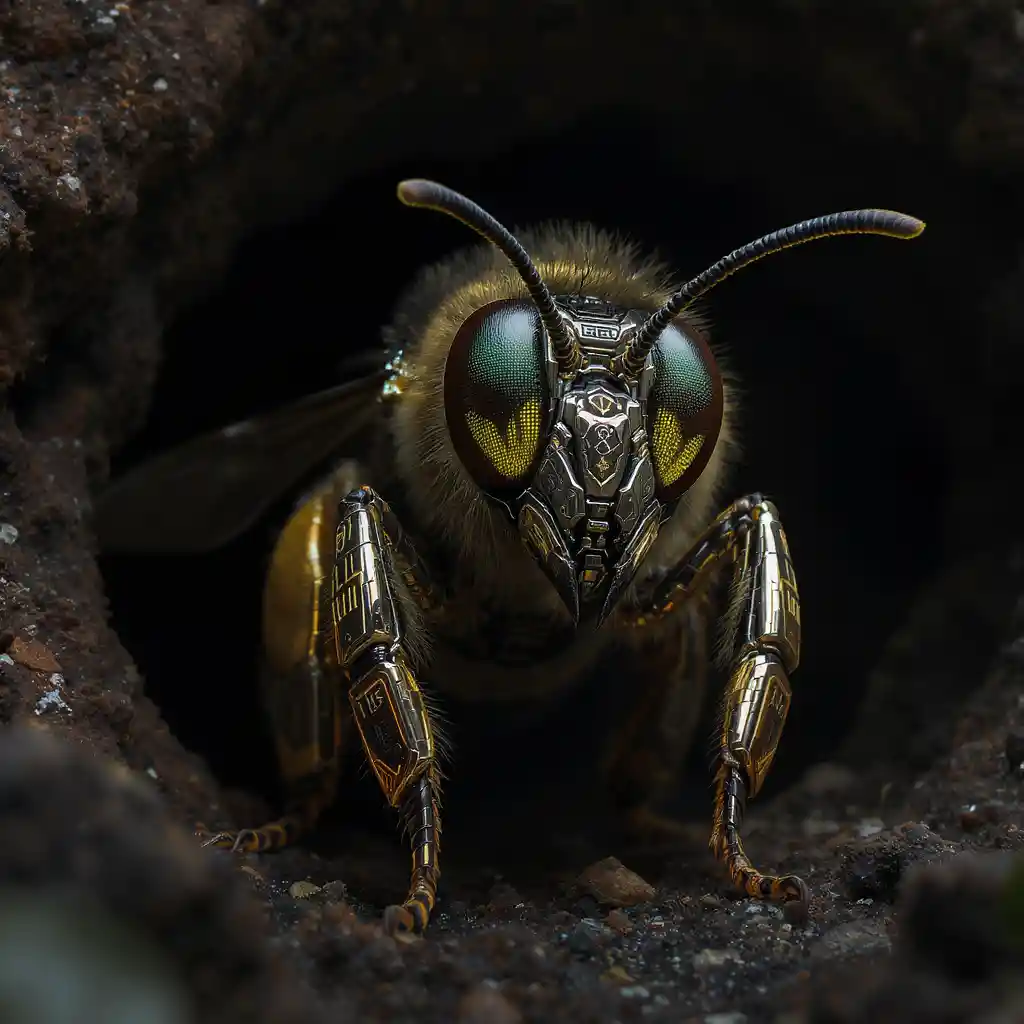 Cyberpunk armored bee in a dark fantasy lair