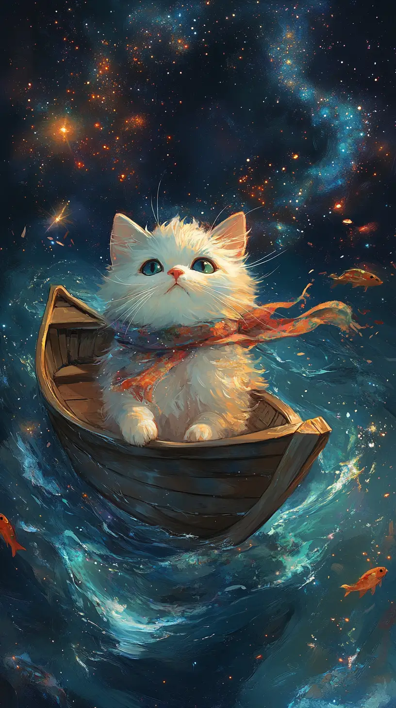 Fluffy white cat sailing a tiny boat through stars
