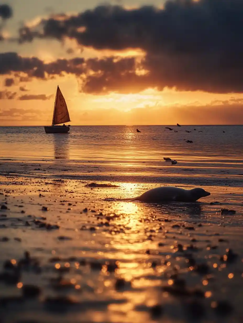 Kleines Segelboot bei Sonnenuntergang an einem ruhigen Sandstrand