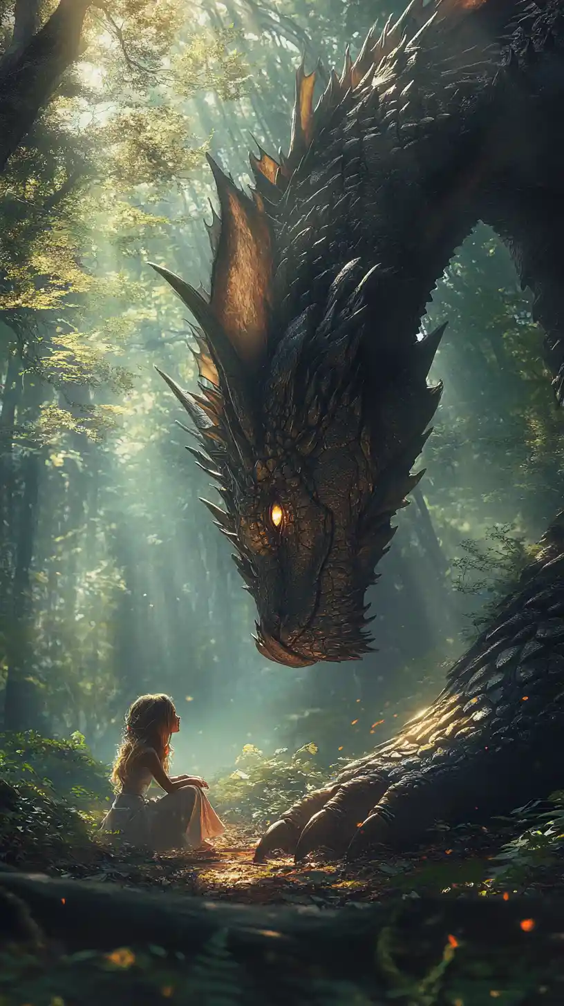 Majestic dragon and awe struck girl in enchanted forest