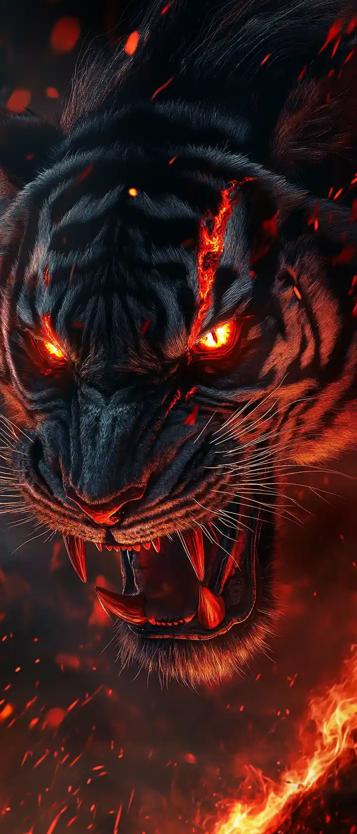 Demonic tiger roaring in a volcanic hellscape portrait