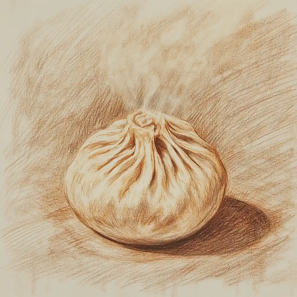 Color pencil sketch of a steaming dumpling on paper