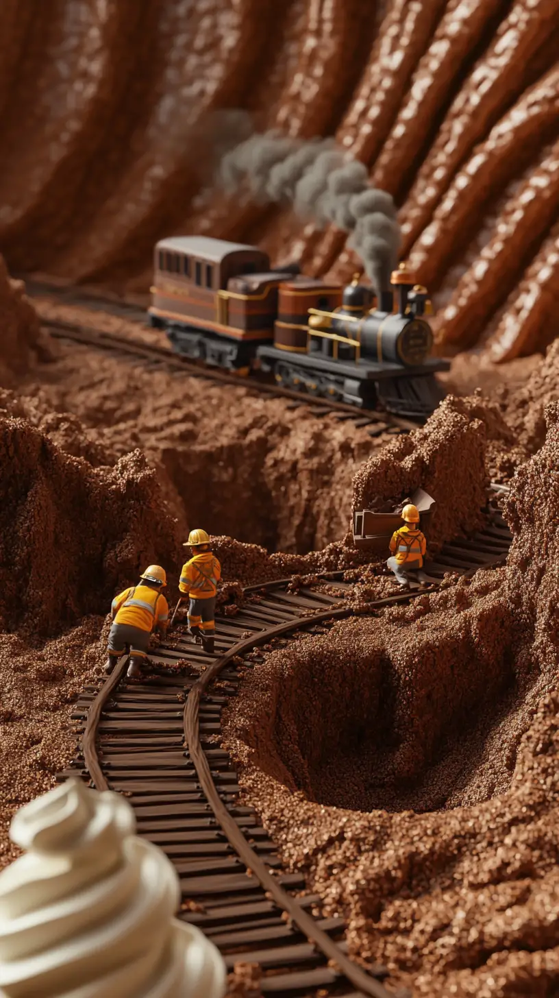 Surreal 3D dessert quarry with workers mining tiramisu