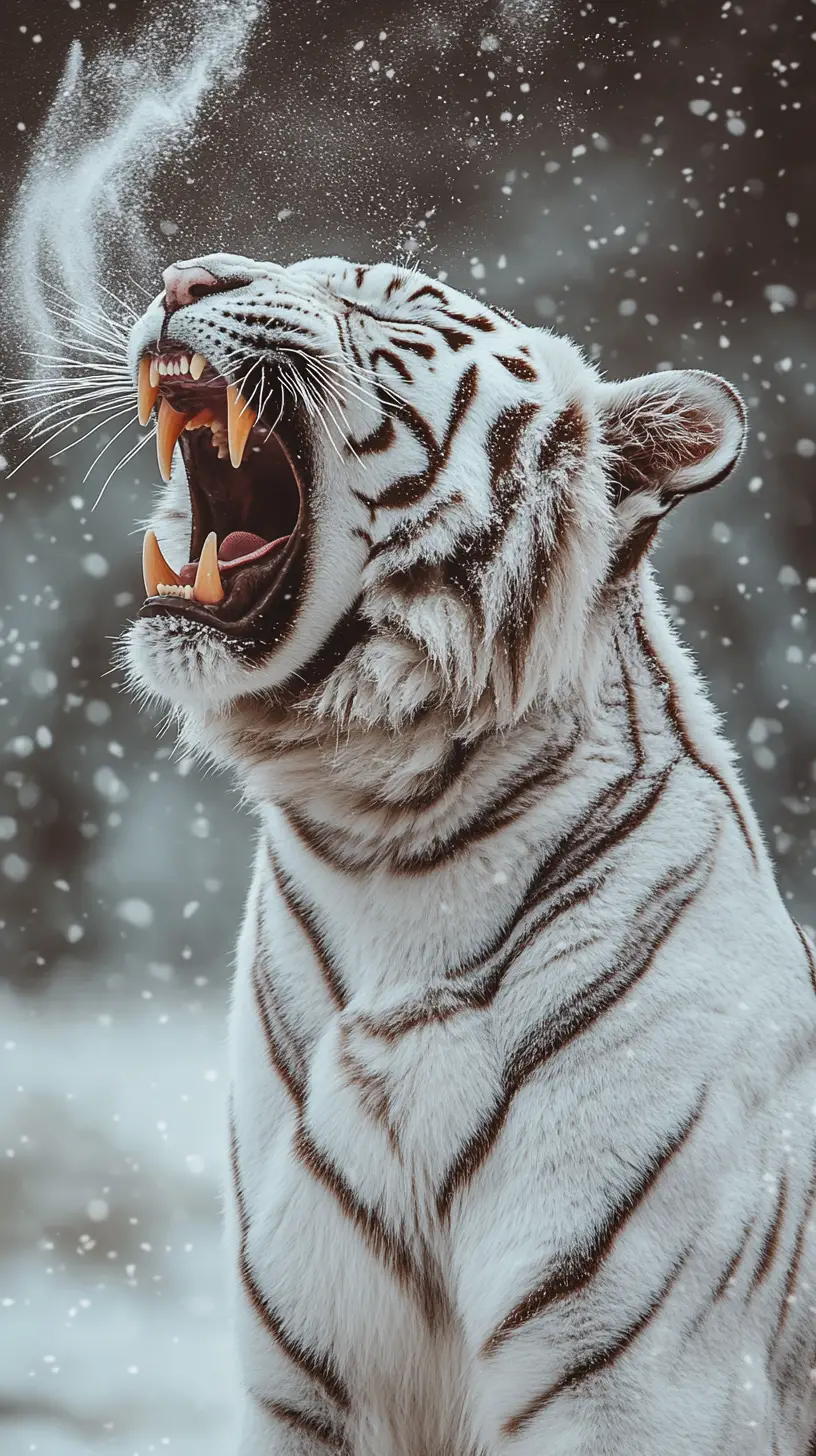 White tiger roaring in a dramatic snowy landscape