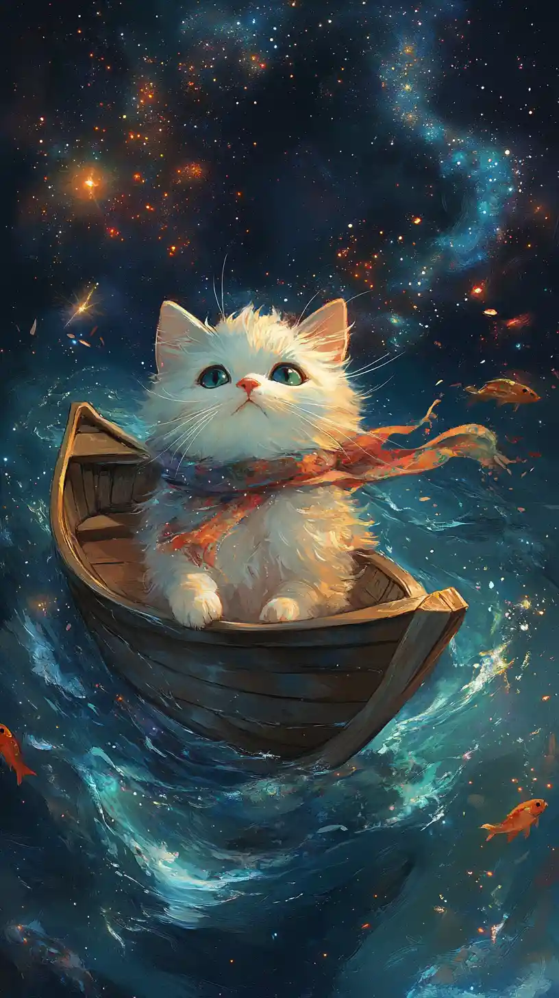 Fluffy white cat sailing a tiny boat through stars